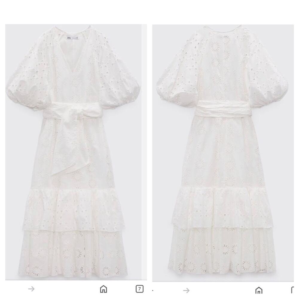 Zara Belted Embroidered Maxi Cotton Dress Oyster White Medium Tiered Puff Sleeve
